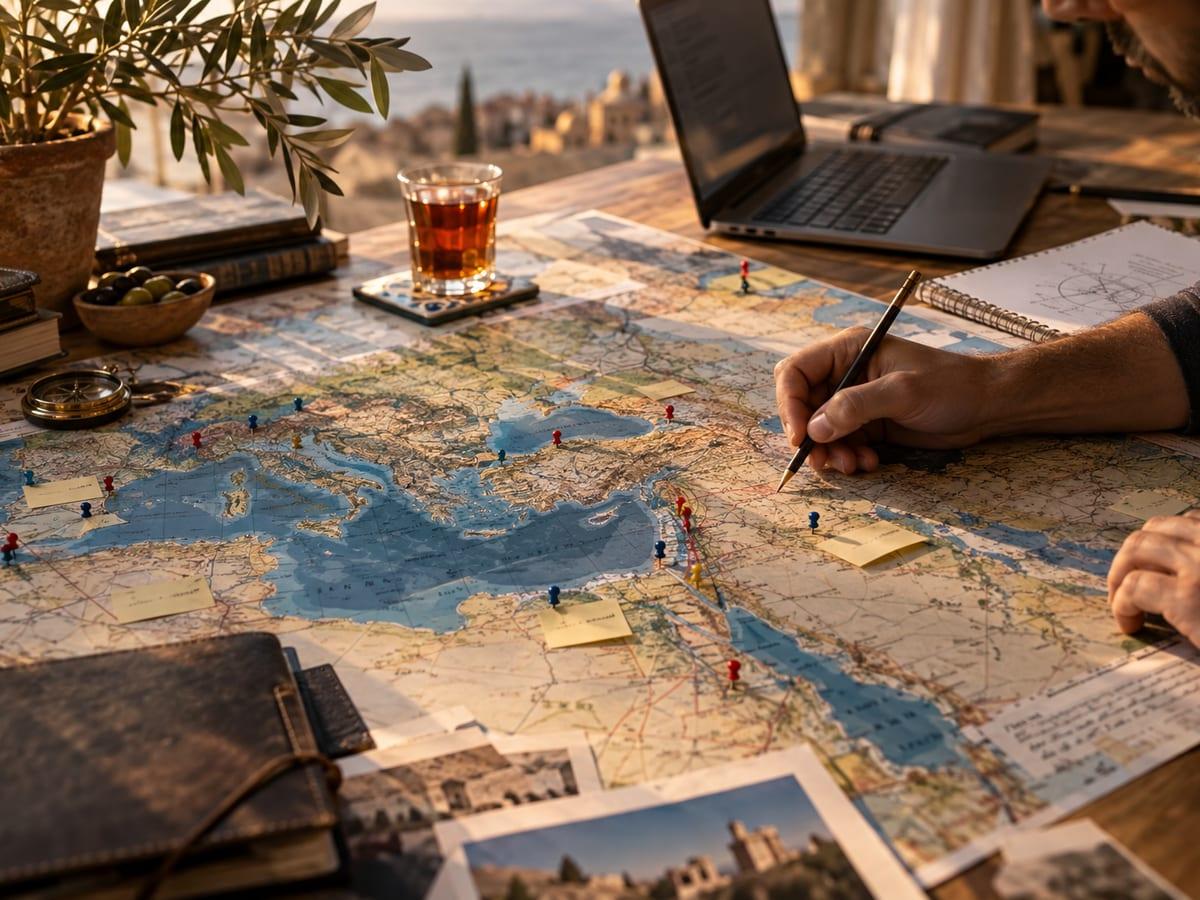 Stół pracy analityka: mapa Morza Śródziemnego i Bliskiego Wschodu z pinezkami i notatkami, dłoń zaznaczająca punkt ołówkiem, laptop i szklanka herbaty