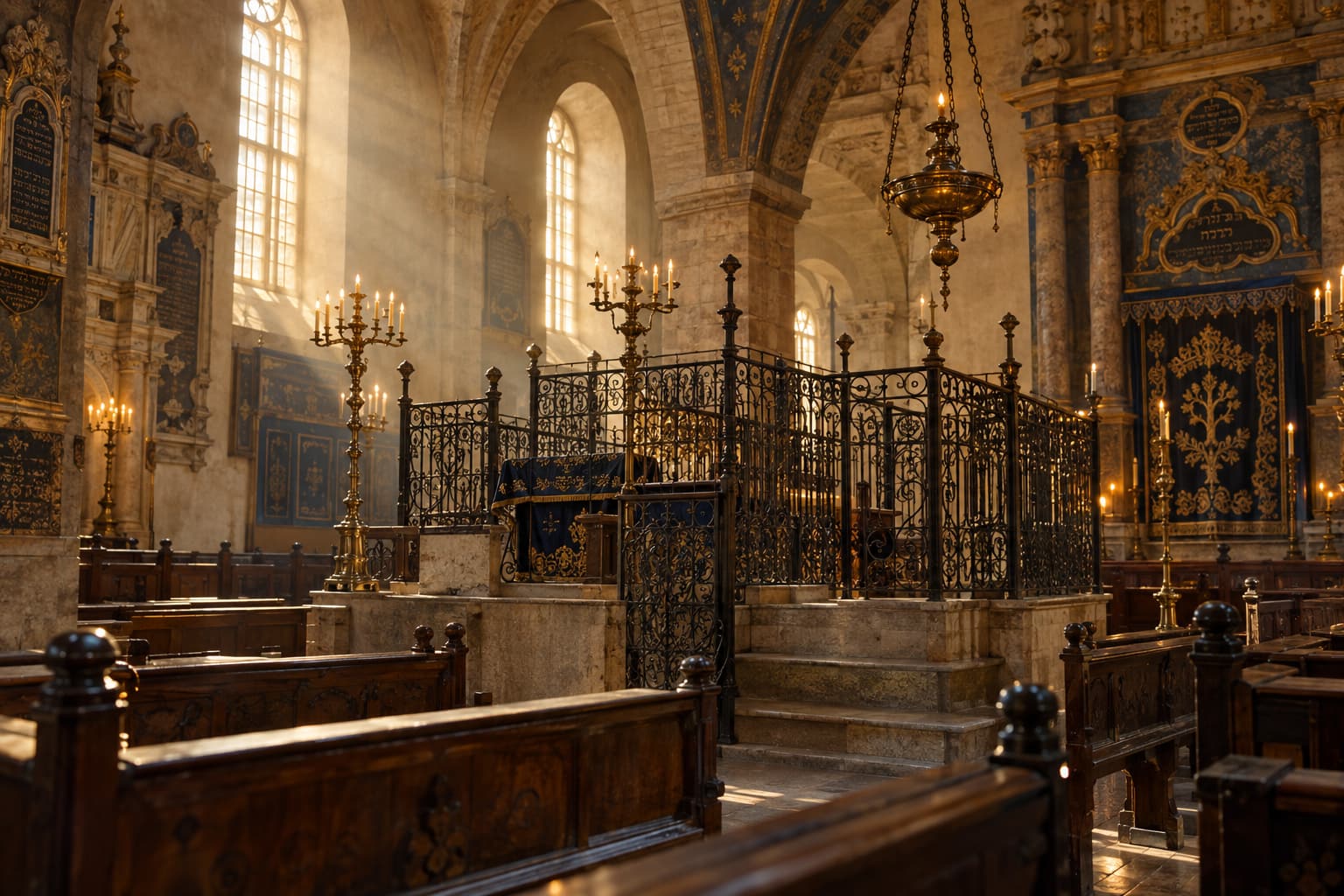 Wnętrze renesansowej synagogi na krakowskim Kazimierzu: kuta krata bimy pod kolebkowym sklepieniem