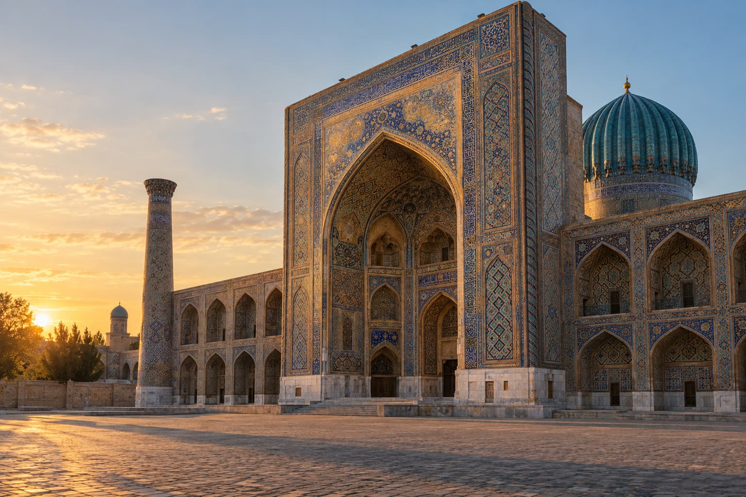 Portal medresy w Samarkandzie o złotej godzinie: iwan w turkusowej mozaice i żebrowana kopuła