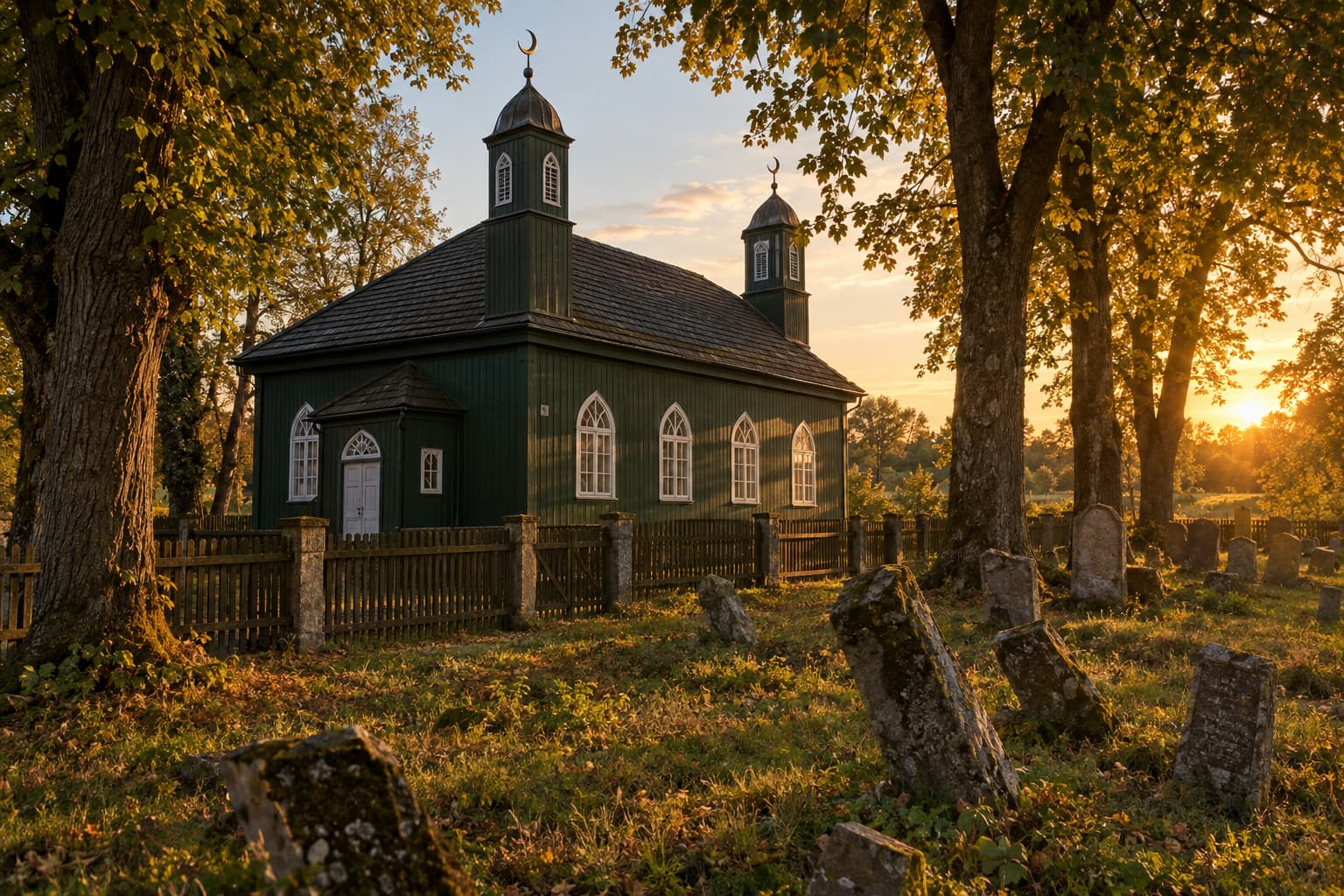 Drewniany meczet polskich Tatarów na Podlasiu wśród starych lip, obok mizar z kamiennymi nagrobkami