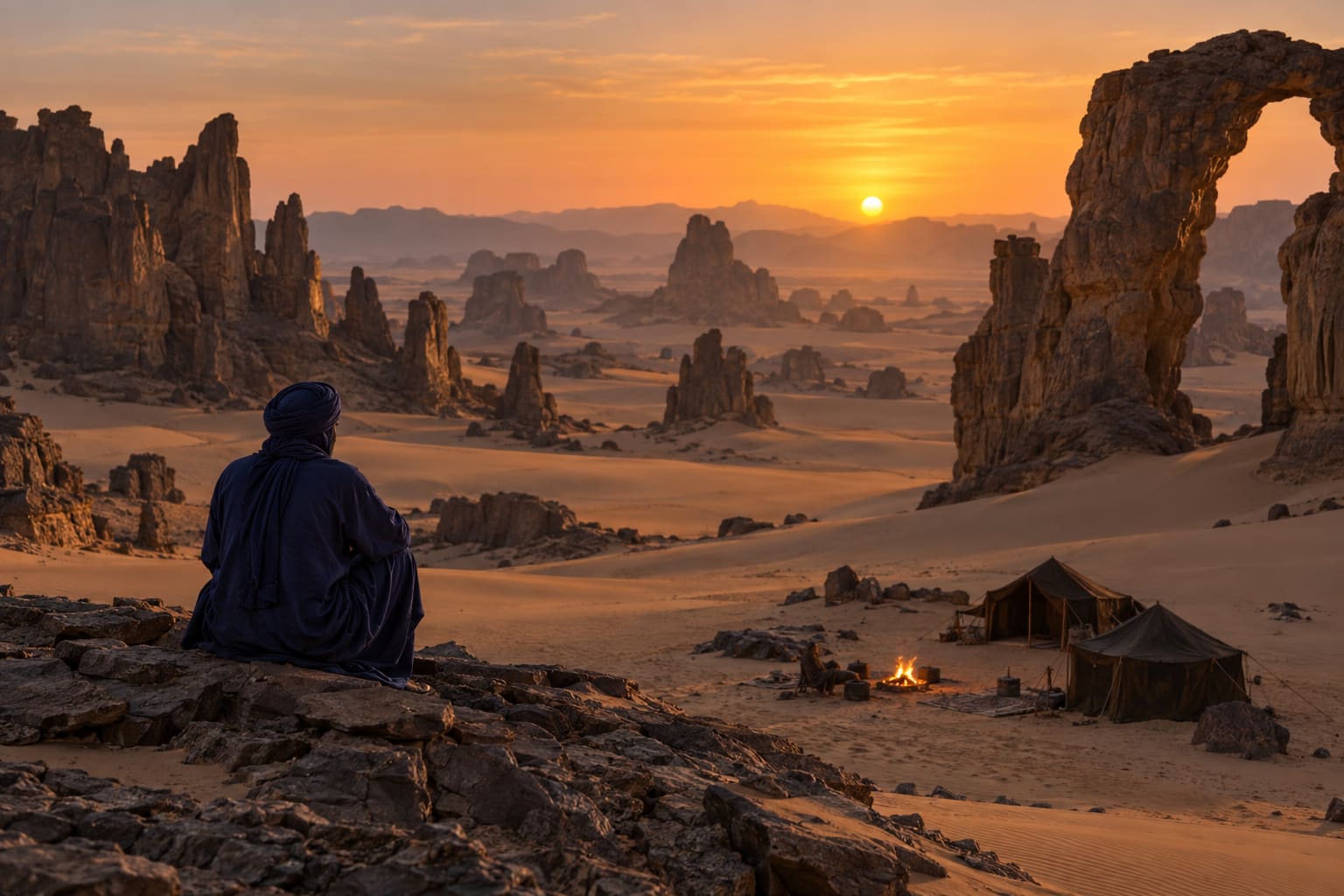 Tuareg w indygowej szacie nad obozem na skraju płaskowyżu Tassili n’Ajjer o zachodzie słońca